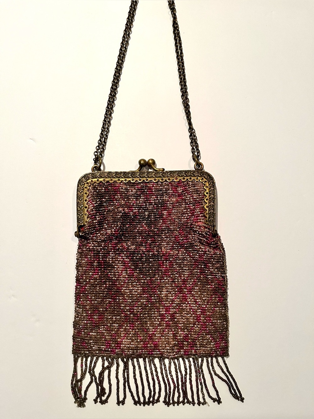 Antique beaded purselet. Rare plaid pattern. Double chain. - Picture 3 of 7